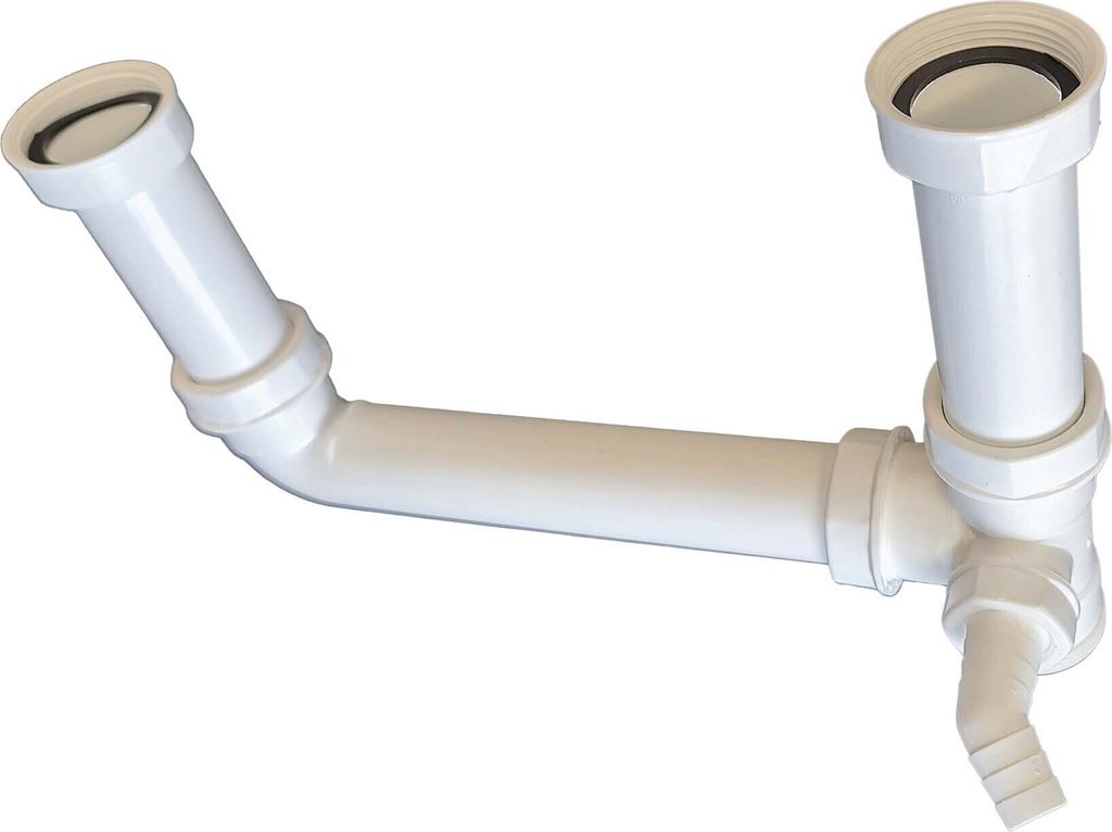 A white plastic sink drain connection kit with a height adjustment feature for double sinks.