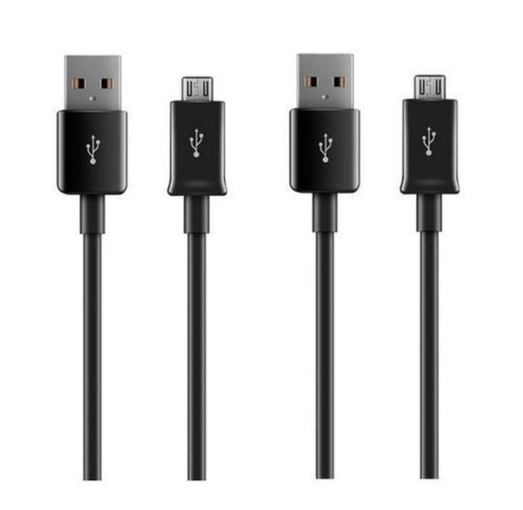 Four black USB cables with different connectors are arranged in a row against a white background.