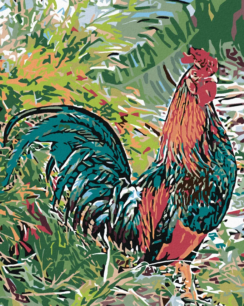 Pittura A Olio Numerata Fai Da Te: Gallo E Fiori Lilla, Tela 40x50 Incorniciata, Relax E Hobby