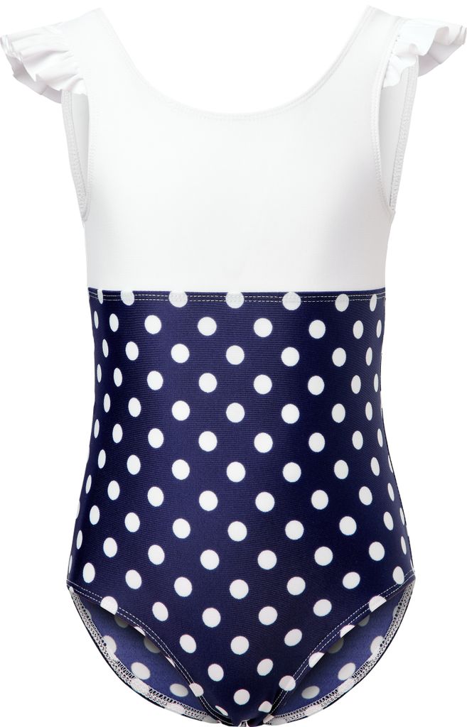 Mädchen Badeanzug schnelltrocknend einteilig UV 50 MS10-443 (Weiß/Marineblau/Dots, 104)