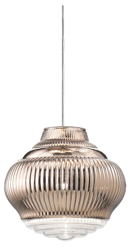 Mundgeblasene Glas-Pendelleuchte Bonnie in Roségold: Handgefertigtes Design mit Reliefverzierung und grauer Metallstruktur für edles Ambiente.