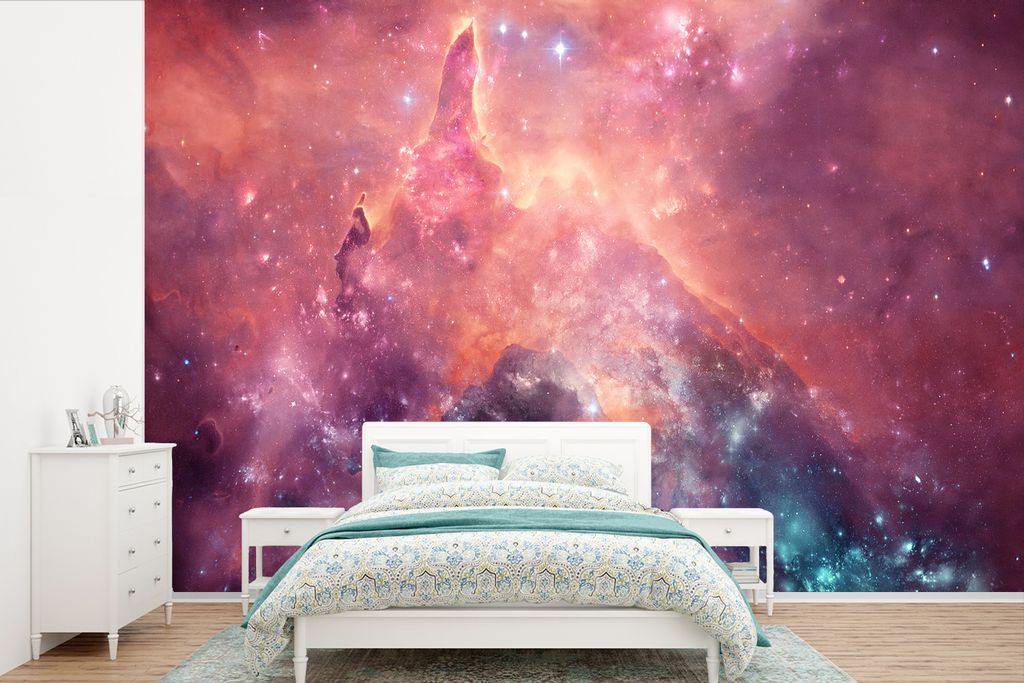 MuchoWow Fototapete für Wohnzimmer oder Schlafzimmer Wandtapete Vinyl Motivtapete Weltraum - Orange - Sterne - 525x350 cm - Das Hintergrundbild