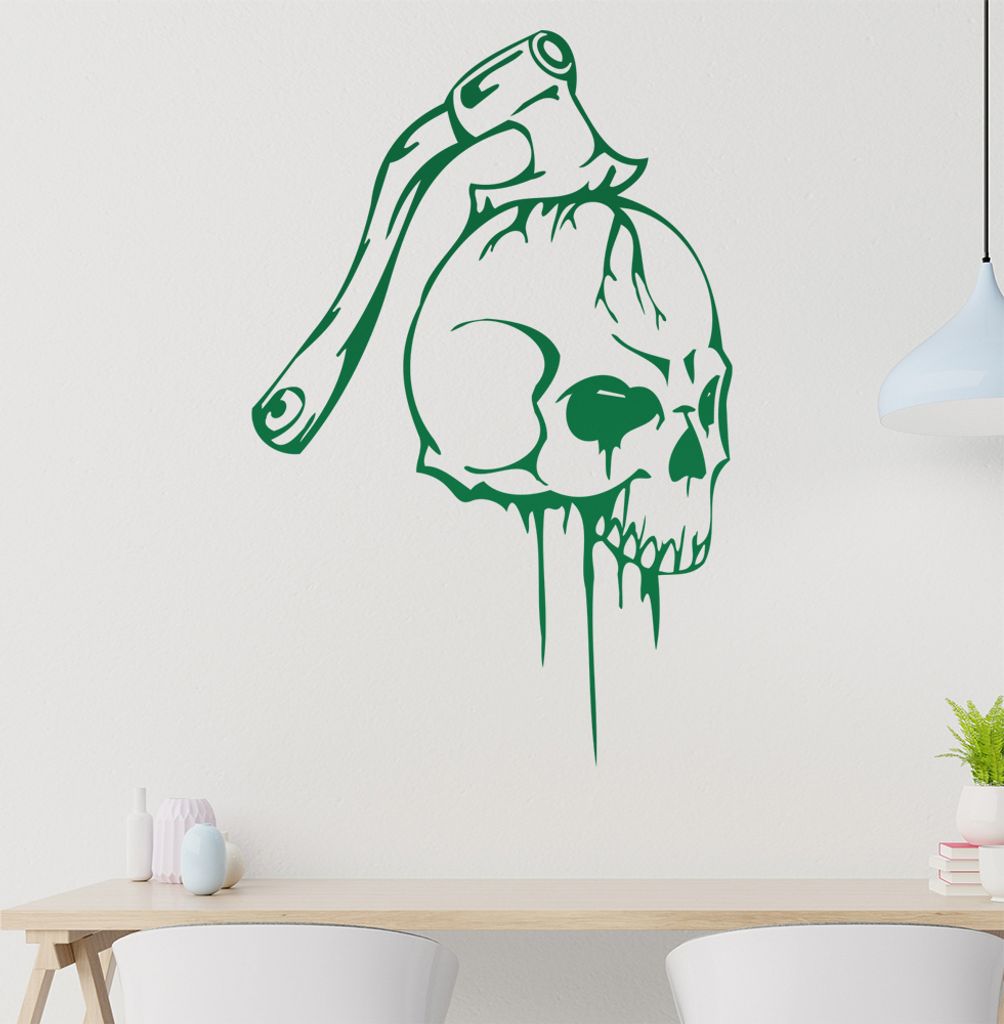 Axt im Schädel Wandtattoo in 6 Größen - Wandaufkleber Wall Sticker - Dekoration, Küche, Wohnzimmer, Schlafzimmer, Badezimmer
