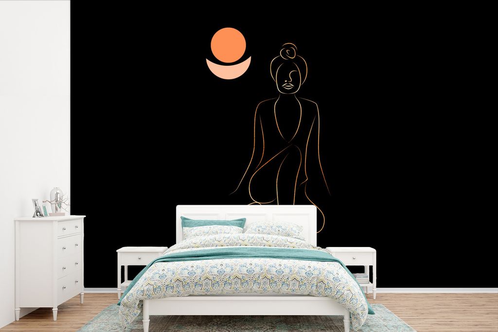 MuchoWow Fototapete für Wohnzimmer oder Schlafzimmer Wandtapete Vinyl Motivtapete Frau - Linienkunst - Gold - Meditation - 600x400 cm - Vinyltap...