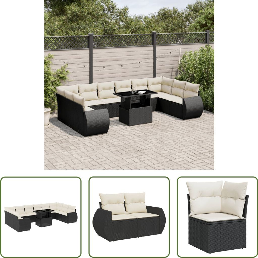 The Living Store 11-tlg. Garten-Sofagarnitur mit Kissen Schwarz Poly Rattan