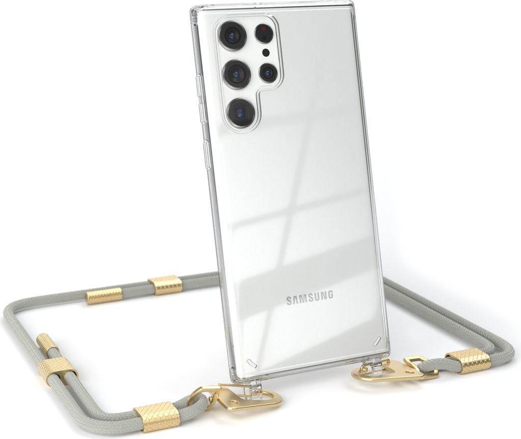 EAZY CASE Handykette für Samsung Galaxy S22 Ultra 5G, Transparente Silikonhülle mit Band, Clear Case, abnehmbar in Beige