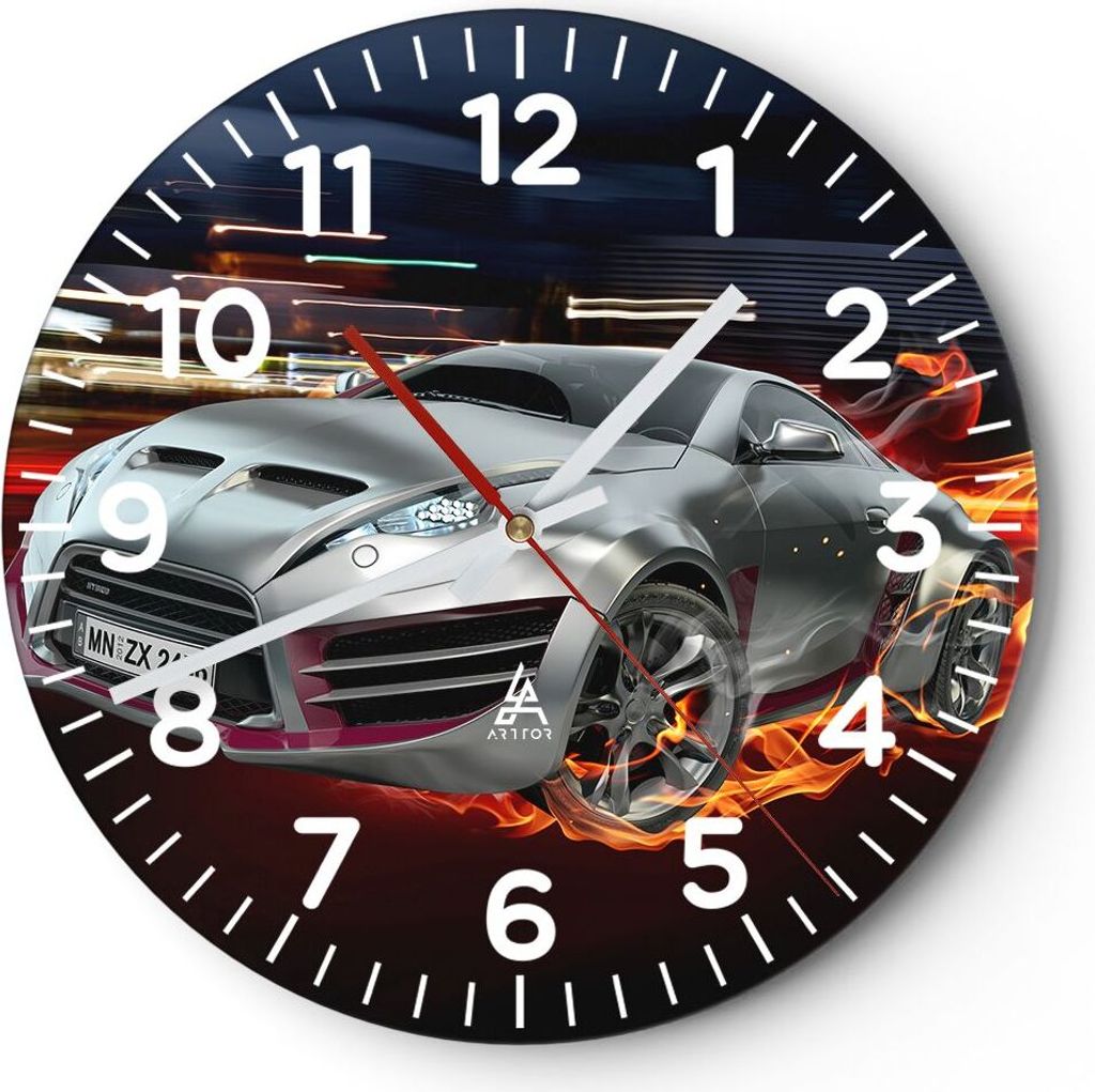 Wanduhr - Rund - Glasuhr - Sportwagen Feuer Rauch - 30x30cm - Schleichendes Uhrwerk - Lautlos - zum Aufhängen bereit - Dekoration Modern - Wanddek...