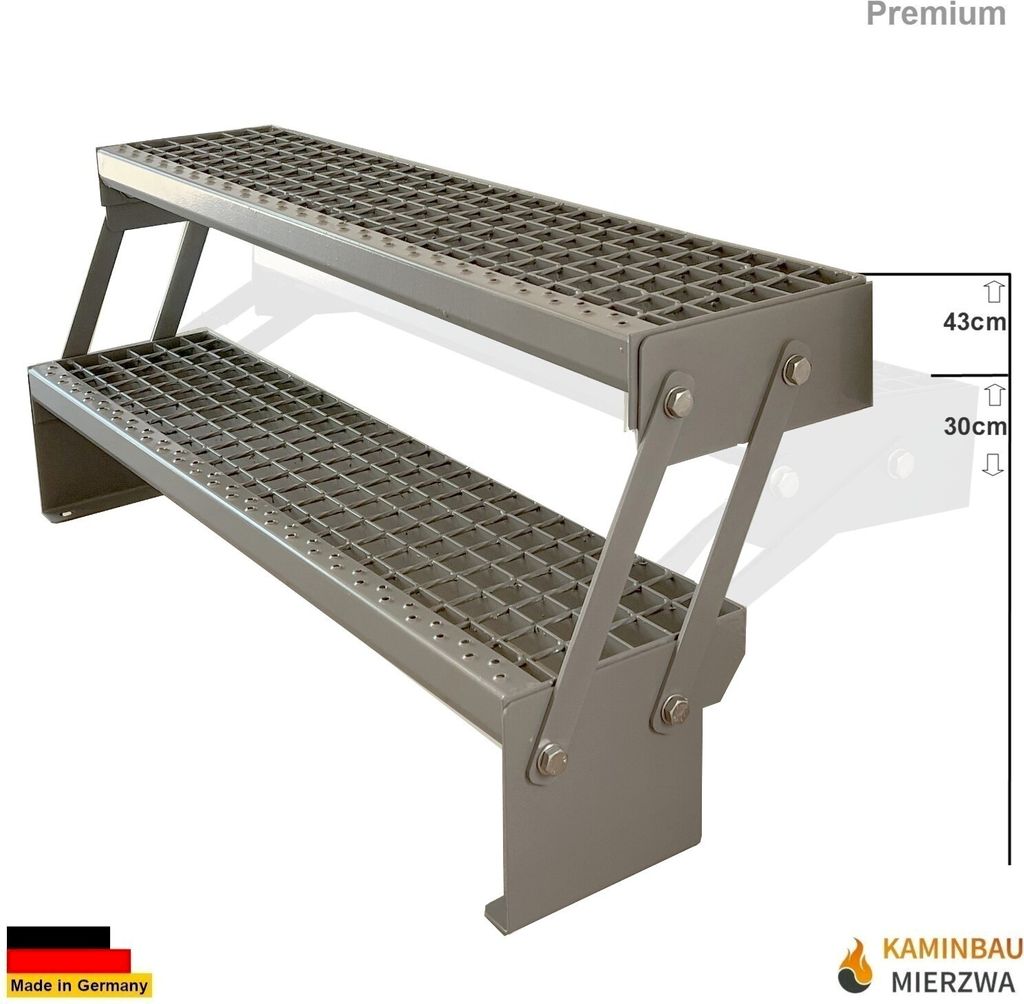 Gitterrost Stahl Wangentreppe 2 Stufen Verstellbar Verzinkt & Silber Pulverlackiert Breite 60cm x Höhe Verstellbar 30-43 cm