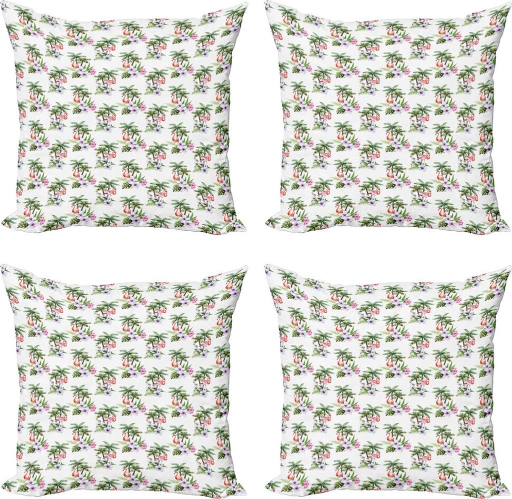 ABAKUHAUS Palme Kissenbezug Set (4 Stück), Flamingo Hibiscus Kunst, Moderner Doppelseitiger Digitaldruck, 40 cm x 40 cm, Mehrfarbig
