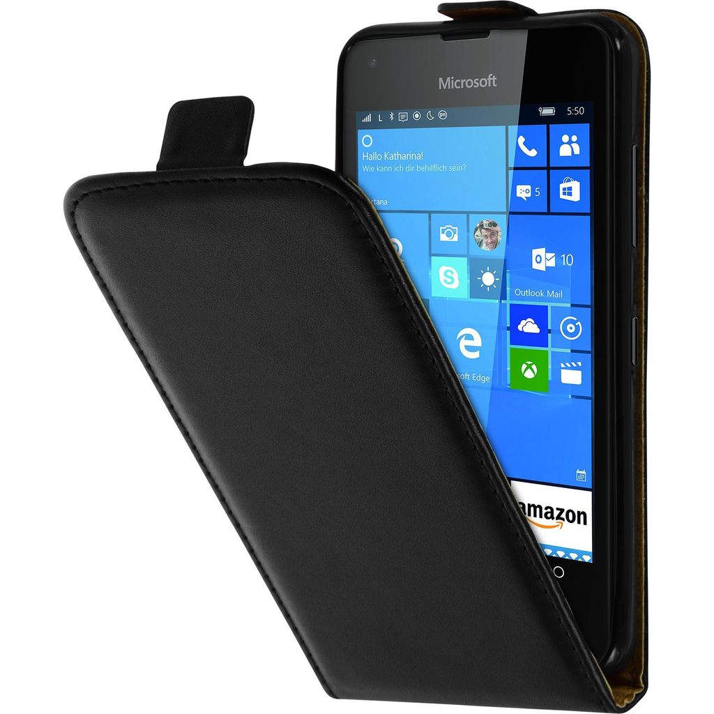 PhoneNatic Kunst-Lederhülle kompatibel mit Microsoft Lumia 550 - Flip-Case schwarz + 2 Schutzfolien