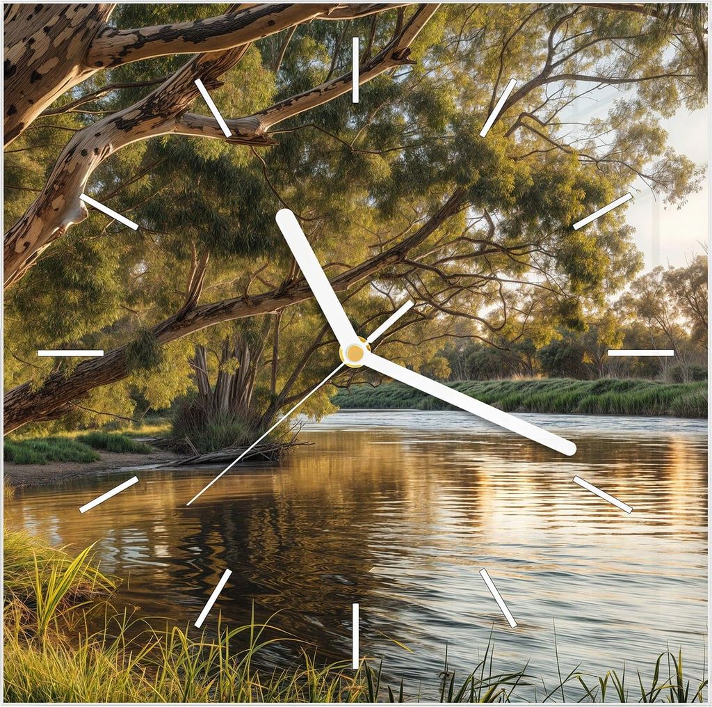 Wanduhr aus Glas mit Motiv Baum am Flussufer- 30 x 30 cm - inkl. Aufhängesystem