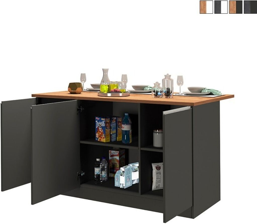 Kücheninsel 3 Türen für moderne Küche 155x90x90cm mit Tisch Deaton - Grau - Eiche