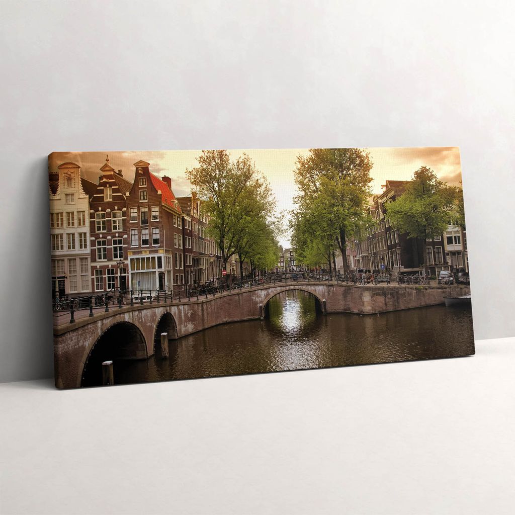 Amsterdamer Grachten innerhalb der Stadt – Leinwandbild Wandbild – 120x60 cm – Leinwandbilder – Wandbilder – Schlafzimmer – Flur
