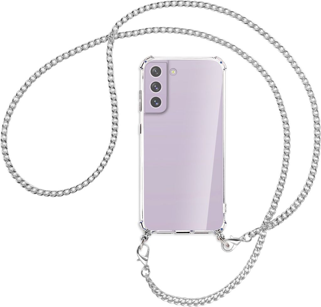 Handykette Backcover-Schutzhülle mit Band (Metall silberfarben) für Samsung Galaxy S21 FE - silberfarbene Kette