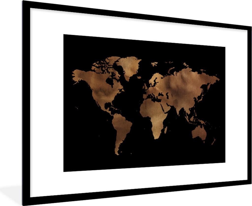 MuchoWow MuchoWow Gerahmtes Poster Weltkarte - Schwarz - Bronze 90x60 cm - Poster mit zchwarzem Bilderrahmen - Wanddekoration - Fotos
