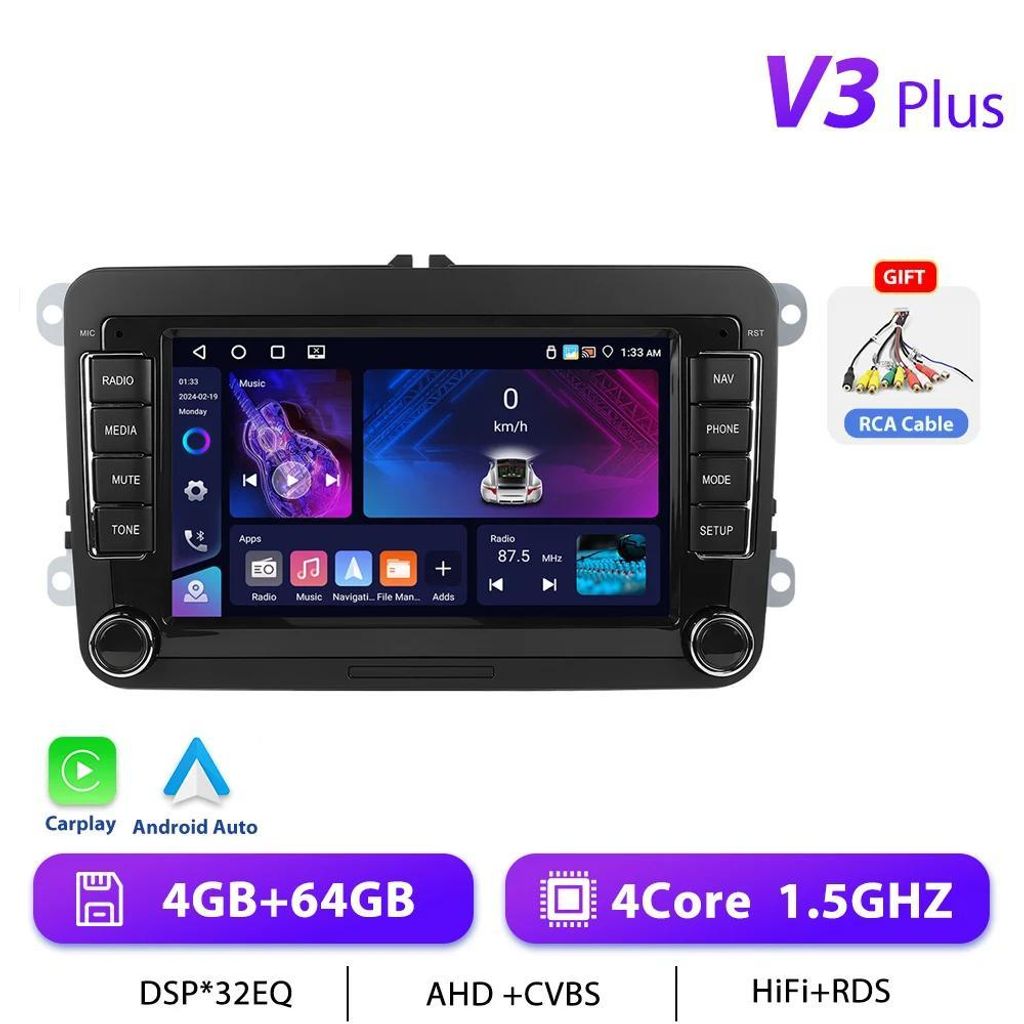 VW Golf/Passat/Jetta Autoradio - Android 13 Doppel-DIN - 17,8 cm Touchscreen - 4 GB RAM + 64 GB Speicher - CarPlay - GPS-Navigation - RDS - 2x USB