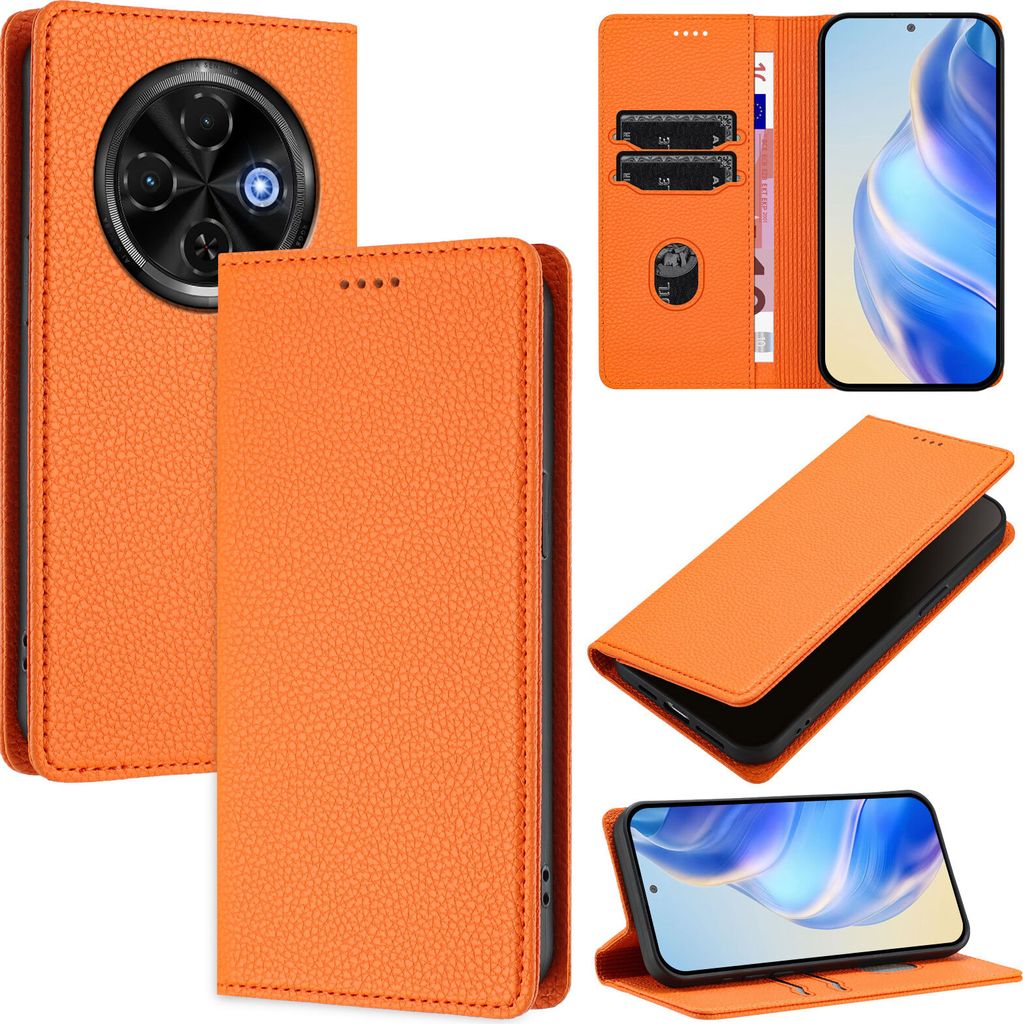Litchi Leder Handyhülle für Tecno Spark 30C 5G/Pop 9 5G Wallet Kartenfächer Standfunktion Hülle Orange