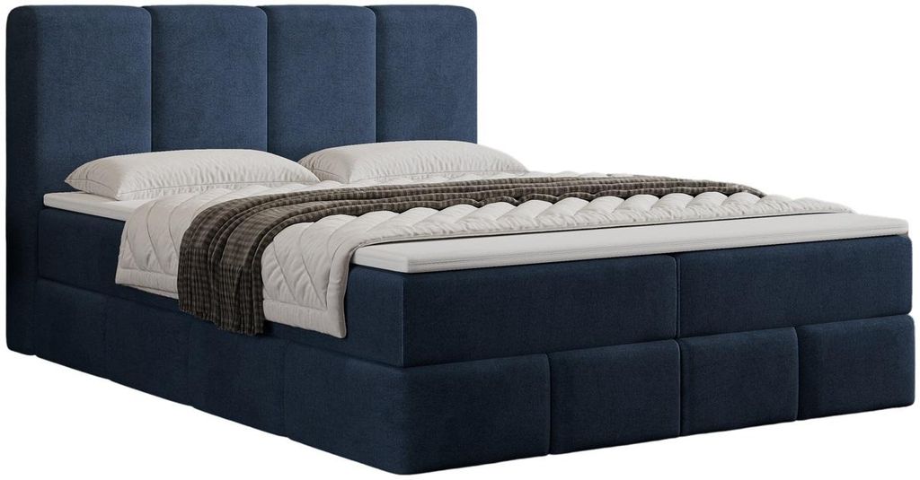 Boxspringbett 140x200 Sally mit Bettkasten - Doppelbett 140x200 cm, Matratze, Topper, Samtstoff - Dunkelblau (Element 13)