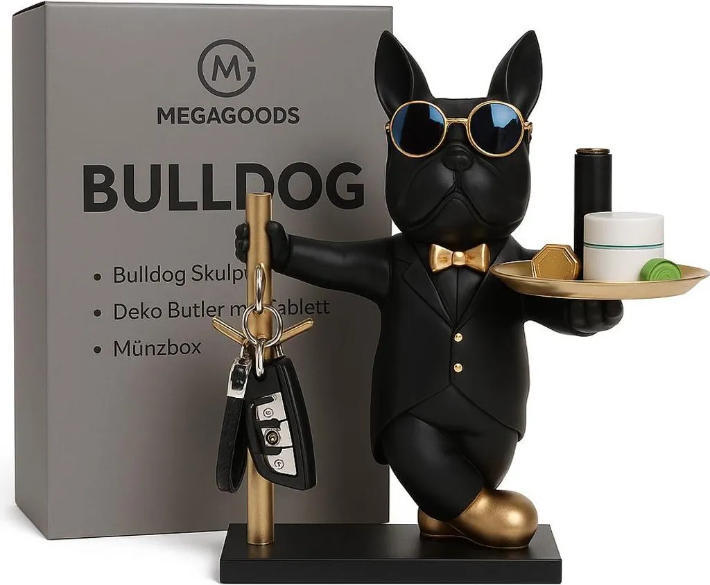 Statue Bouledogue Français Majordome en Résine avec Plateau de Rangement