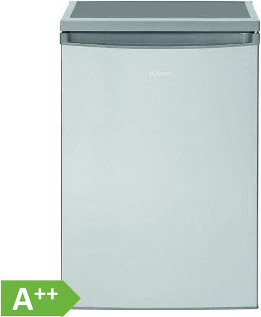 A Bomann refrigerator is shown against a white background. An energy efficiency label is visible in the bottom left corner.