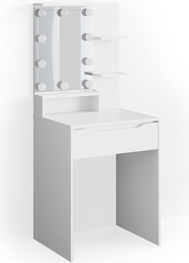 A white vanity table with a mirror and LED lights.