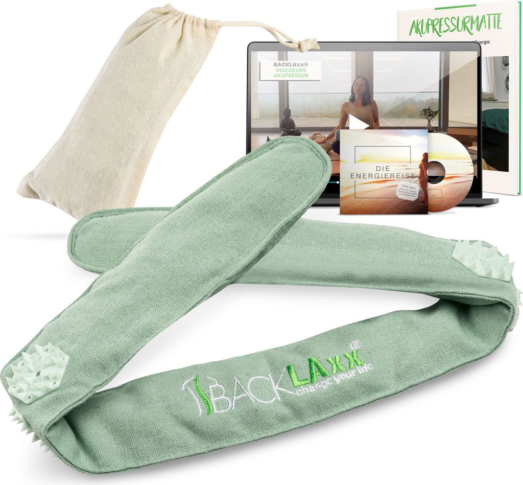 BACKLAxx Akupressur Stirnband gegen Migräne und Kopfschmerzen. Akupunktur Kopfband, Kopfmassagegerät mit Tasche zur Kopfmassage