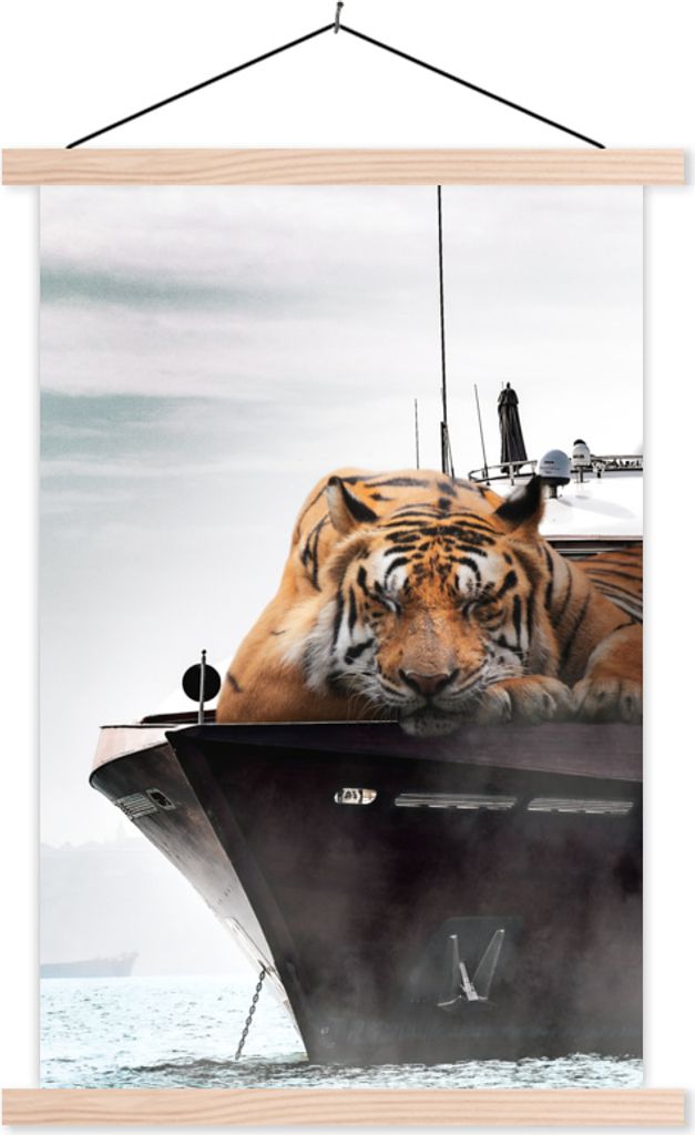 MuchoWow Textilposter Tiger - Boot - Meer 40x60 cm mit holzfarbenen Rahmen - Poster