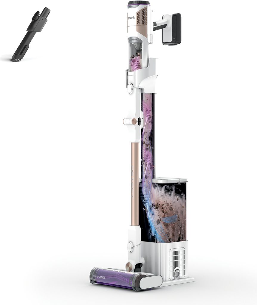 A white background with a vacuum cleaner and a separate accessory.
