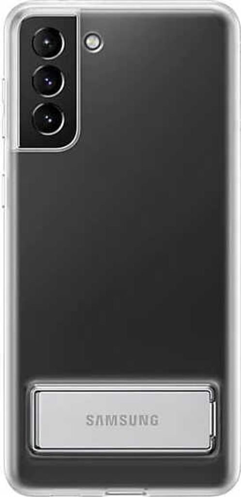 The back of a transparent phone case with a silver kickstand.