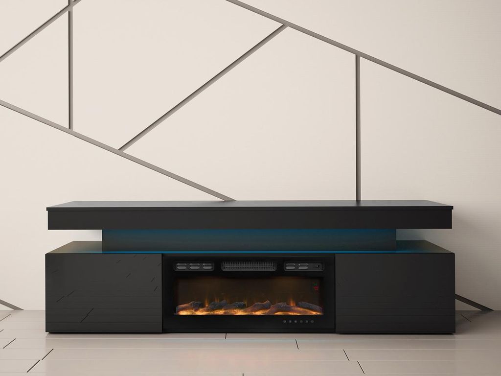 A modern black TV stand with an integrated electric fireplace and blue LED lighting, set against a white wall with geometric metal accents.