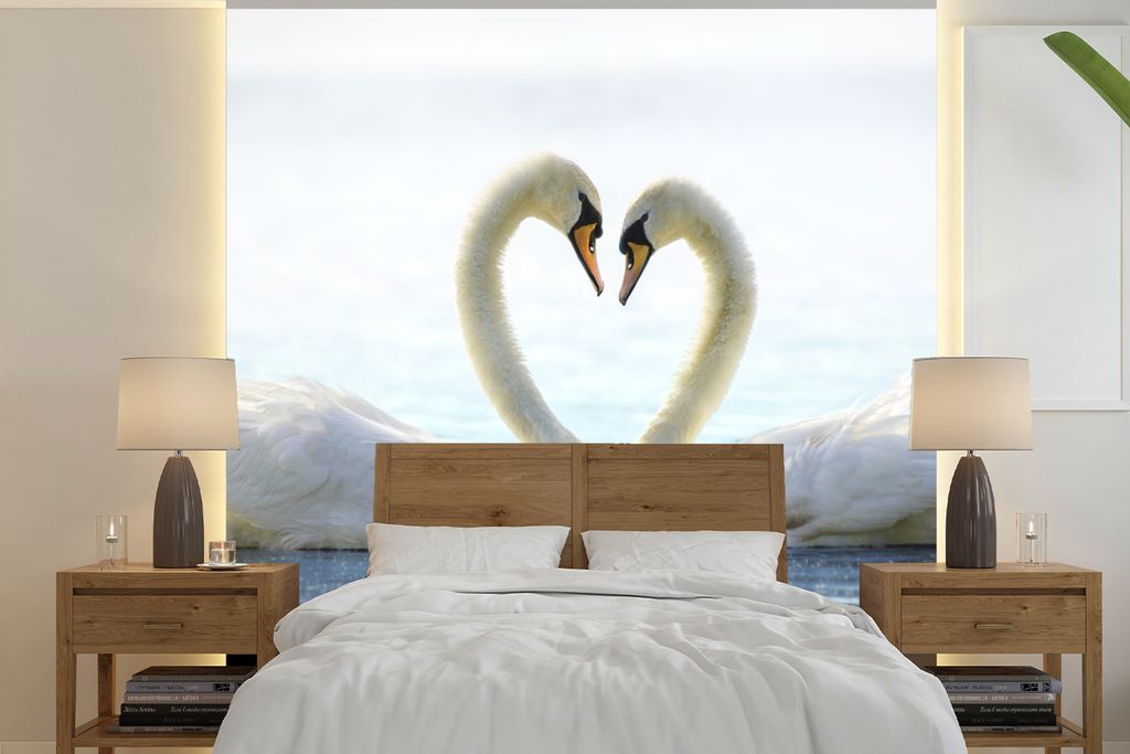 MuchoWow Fototapete für Wohnzimmer oder Schlafzimmer Wandtapete Vinyl Motivtapete Schwäne - Herz - Ehepaar - 220x220 cm - Tapeten