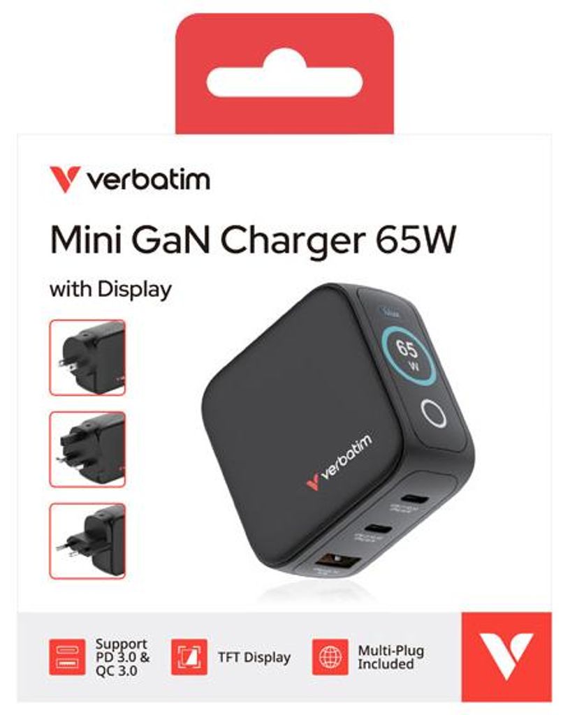 Ladeadapter, Mini GaN mit Display, 65W, schwarz 1x USB-A Produktbild 