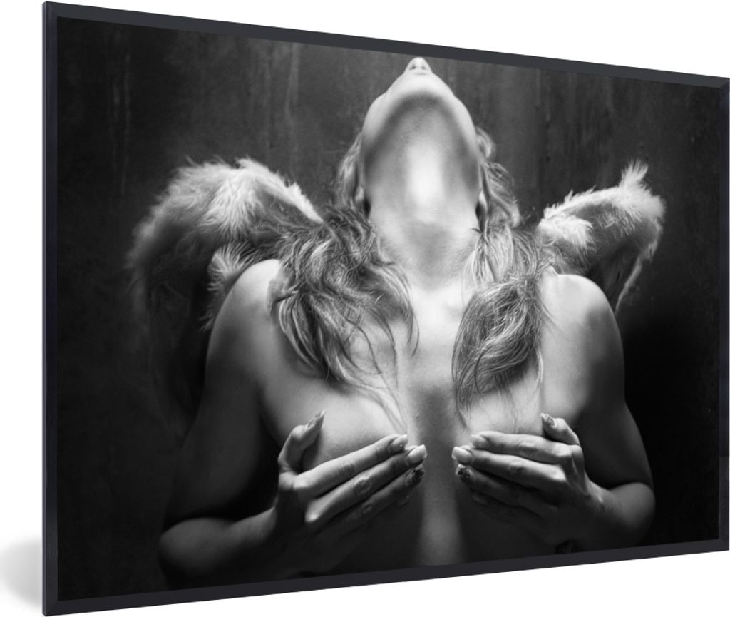 MuchoWow Gerahmtes Poster Frau - Engel - Federn - Porträt - Schwarz-Weiß 60x40 cm - Poster mit Schwarzem Bilderrahmen Wandposter Rahmen Foto Bi...