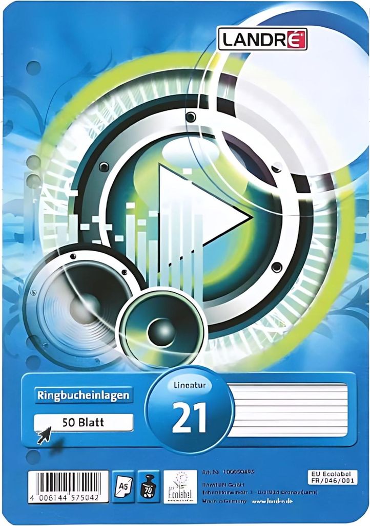 LANDRÉ Landré Ringbucheinlage DIN A5 liniert 70g/m² holzfrei 6fach Lochung weiß 50 Bl./Pack.