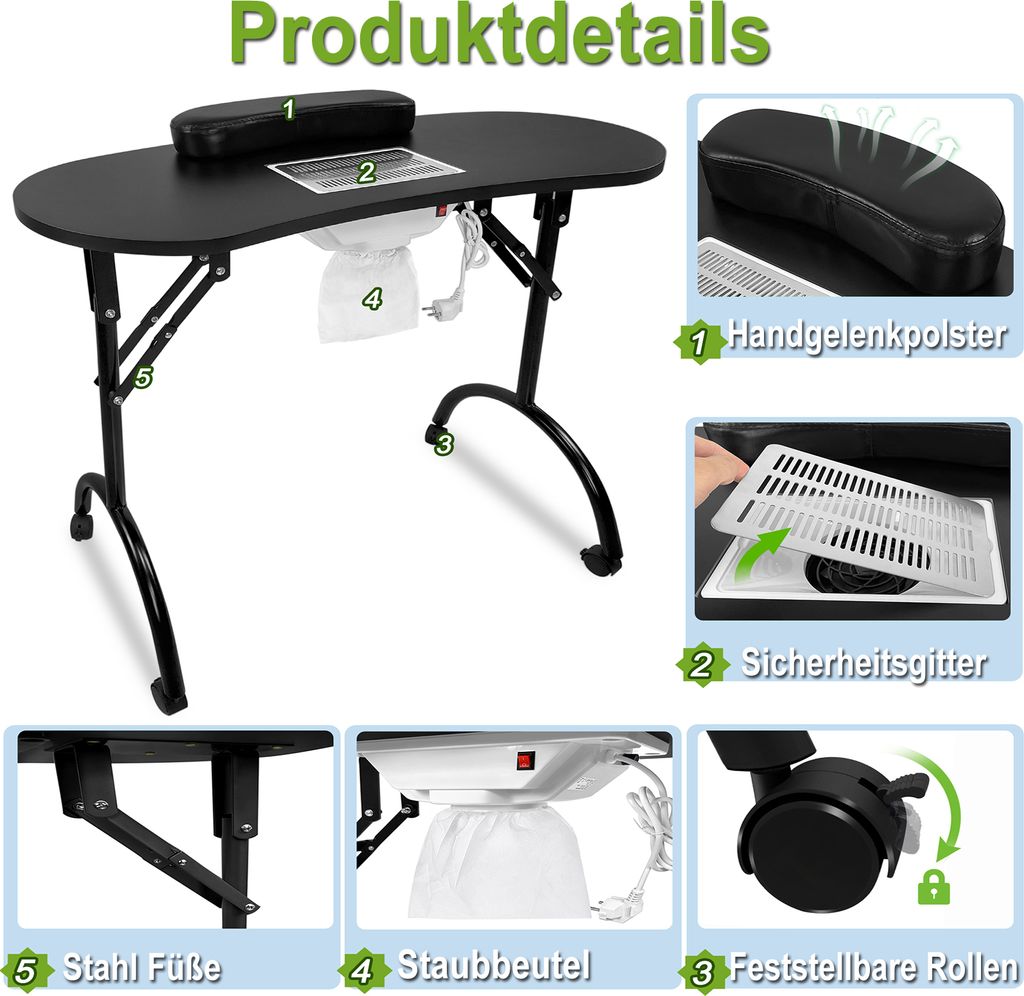 UISEBRT Skladací manikúrový stôl 98x44 x77 cm s prachovým Obrázok produktu 6