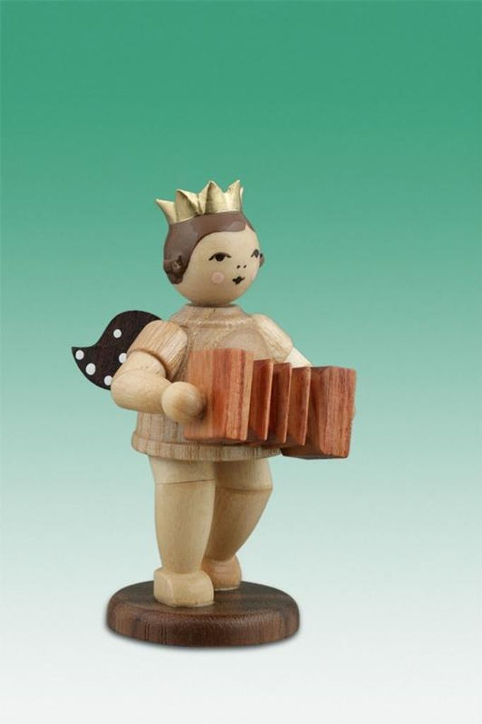 Holzfigur Musikantenengel mit Harmonika und Krone natur Höhe 6,5cm NEU
