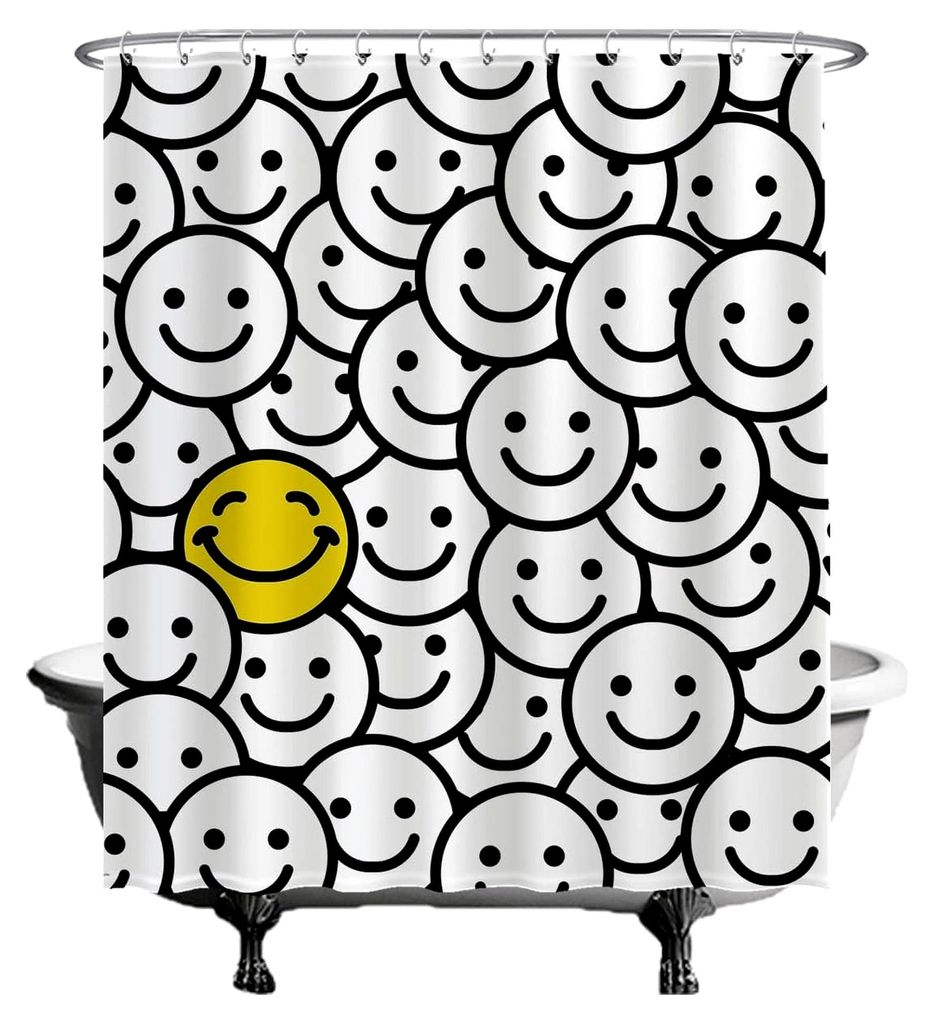 Duschvorhang - Sorrisente Smiley - 180 x 200 cm - Waschbar - Anti-Schimmel - mit 12 Ringen in Weiß, Gelb und Schwarz