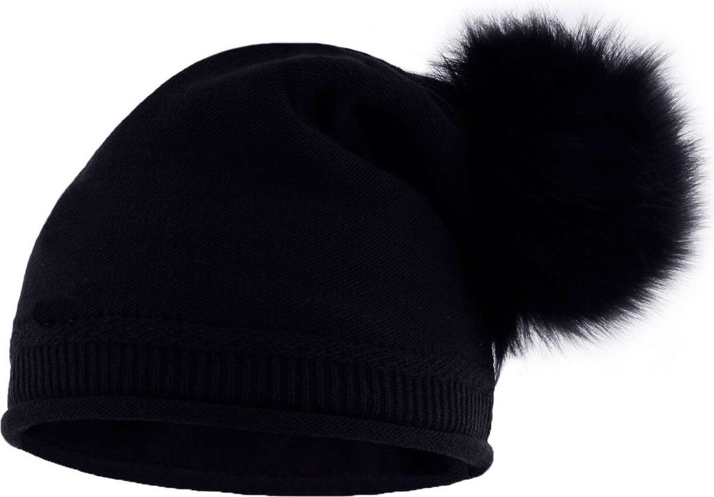 Damen Strickmütze mit Fell-Bommel, Strick-Beanie Bommelmütze Neverless schwarz