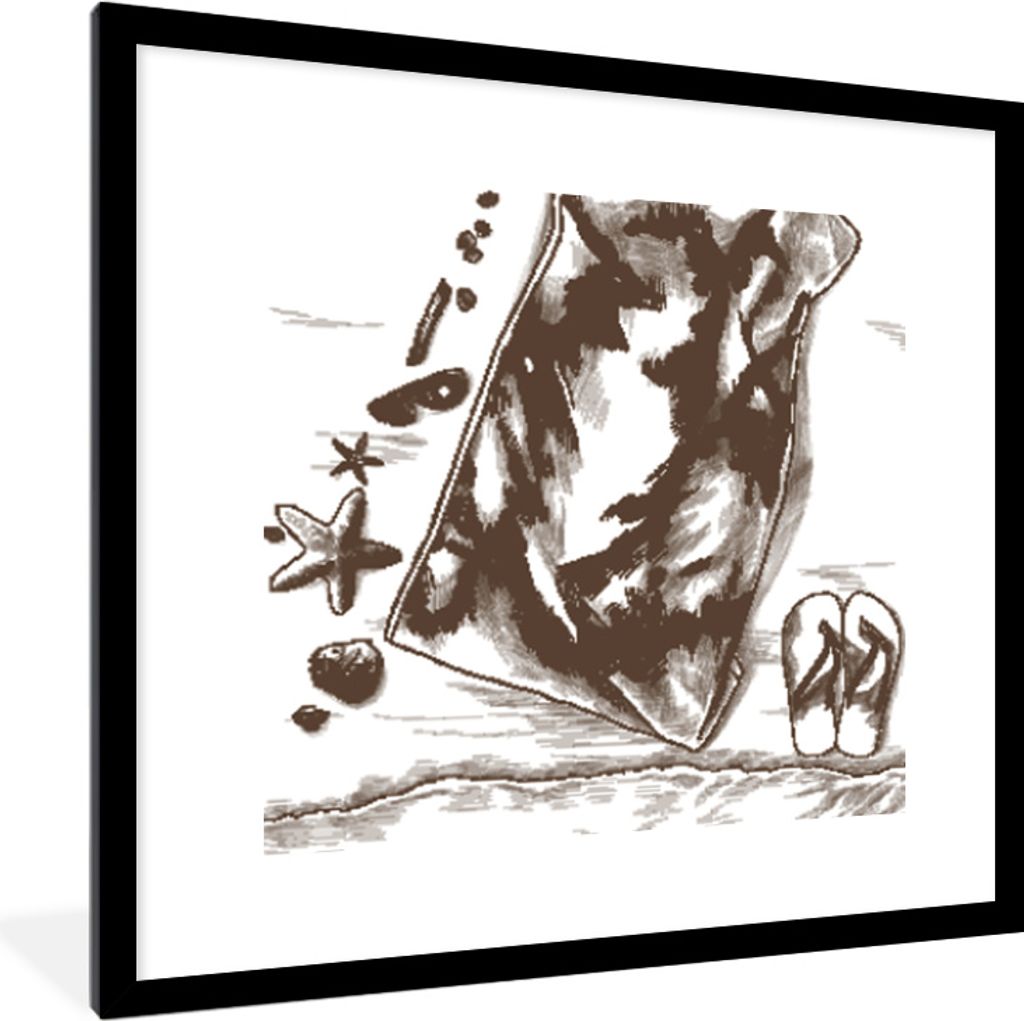 MuchoWow MuchoWow Gerahmtes Poster Strand - Handtuch - Hausschuhe 40x40 cm - Poster mit zchwarzem Bilderrahmen - Poster - Plakat im Rahmen