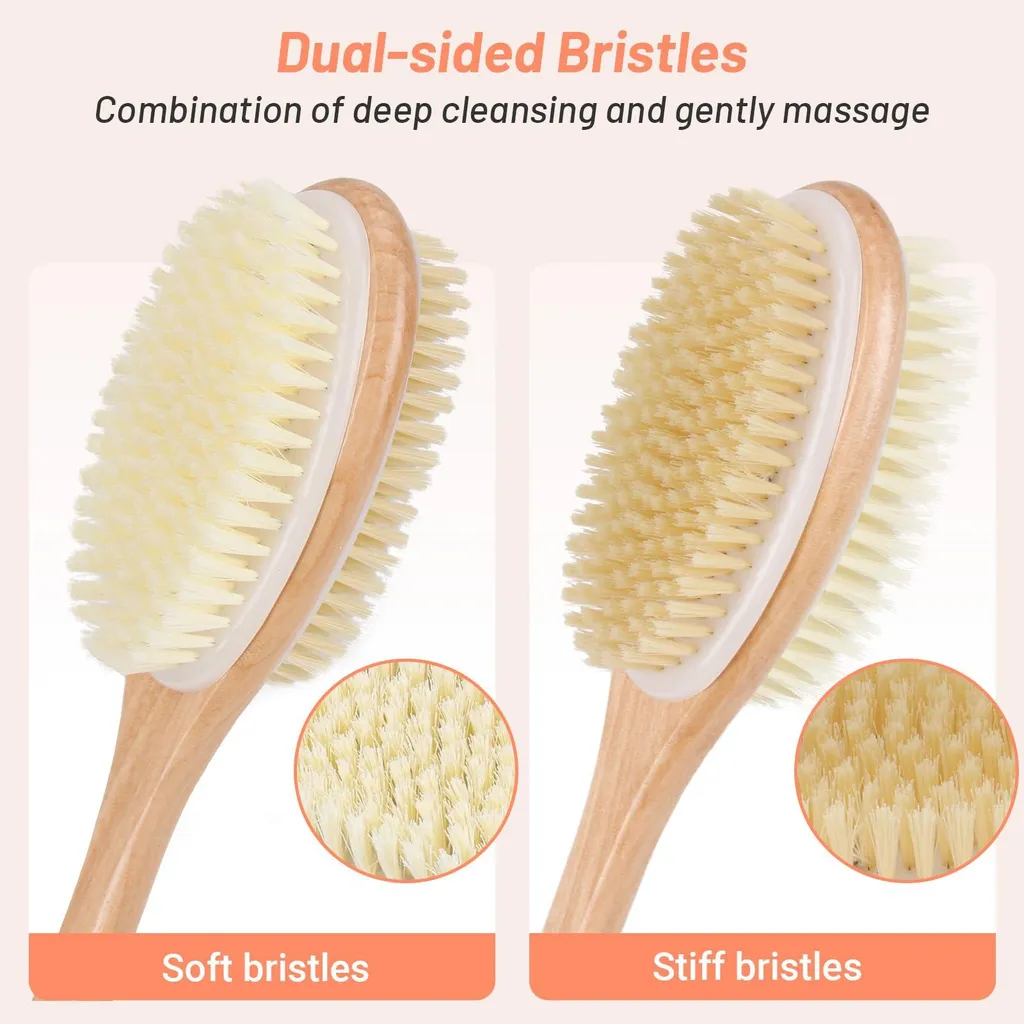 Brosse pour le dos en bois double face avec long manche pour la douche