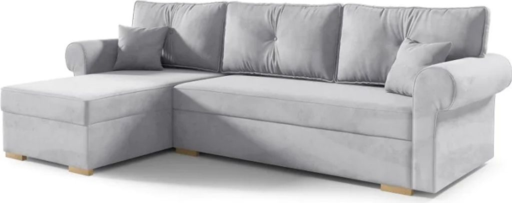 Ecksofa LION, Eckcouch in L-Form mit Schlaffunktion und Bettkasten, Farbe: Hellgrau, Veloursstoff, Ottomane rechts