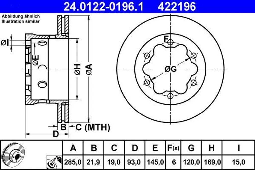 Disque de frein ATE 24.0122-0196.1 pour Sprinter et Vario OE 9044230212