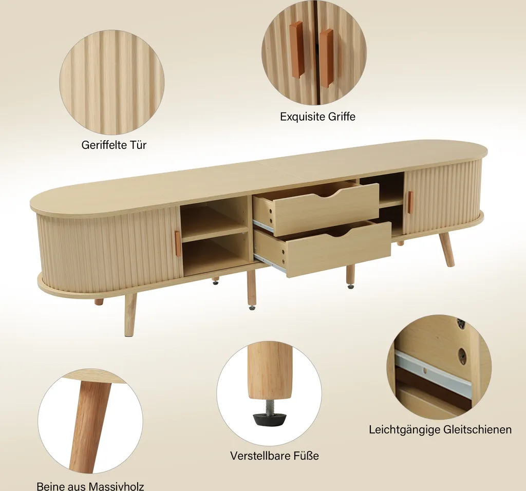 Buffet meuble TV bas de rangement scandinave en noyer clair