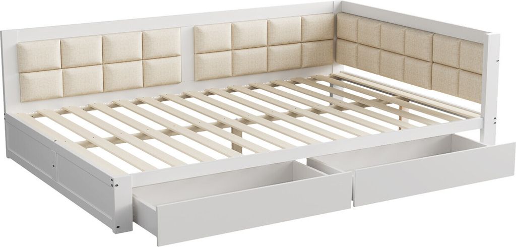 Sofabett,Holzbett(Weiss,140x200)Multifunktionsbett, weiche Rückenlehnenform, große Stauraumschubladen, Lattenrost, Einzelbett Kiefer