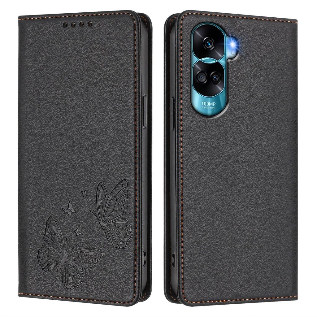 Lederhülle für Honor 90 Lite, Schmetterling Prägung Leder Brieftasche Schutzhülle mit Ständer Schwarz