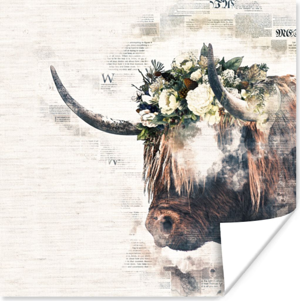 MuchoWow Poster Schottisches Hochlandrind - Schottische Kuh - Blumen 75x75 cm - Wand Dekoration