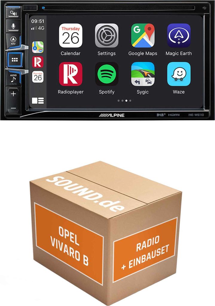 Autoradio Einbaupaket Alpine INE-W611D passend für Opel Vivaro B + Navi 80 IntelliLink | Navigationssystem CD-/DVD-Laufwerk