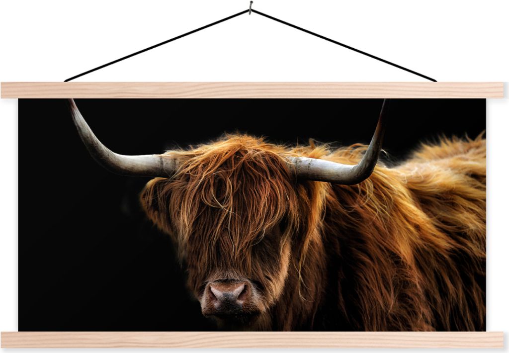MuchoWow Textilposter Schottisches Hochlandrind - Hörner - Schwarz - Tiere - Natur - Wild - Kuh 60x30 cm mit holzfarbenen Rahmen - Dekoration
