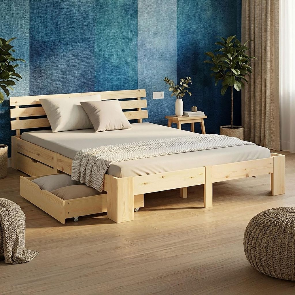 Homestyle4u Holzbett 160x200 Doppelbett mit 2 Bettkästen Natur Kiefer Massivholz