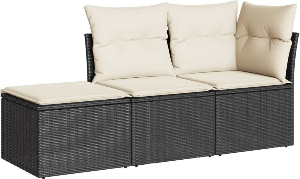3-tlg. Garten-Sofagarnitur mit Kissen Schwarz Poly Rattan
